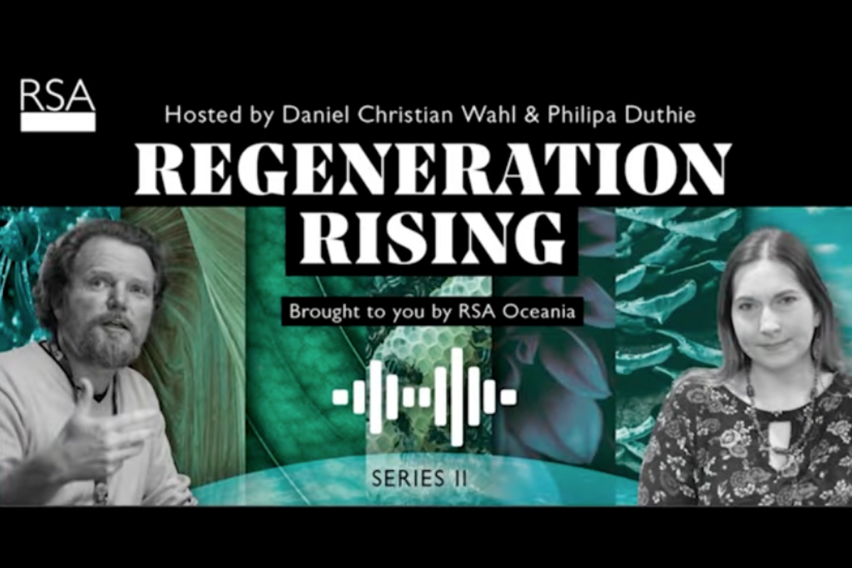 ReGeneration Rising Series II podcast cover featuring hosts Daniel Christian Wahl and Philipa Duthie, with RSA Oceania branding, a nature-inspired background, and sound wave graphics.